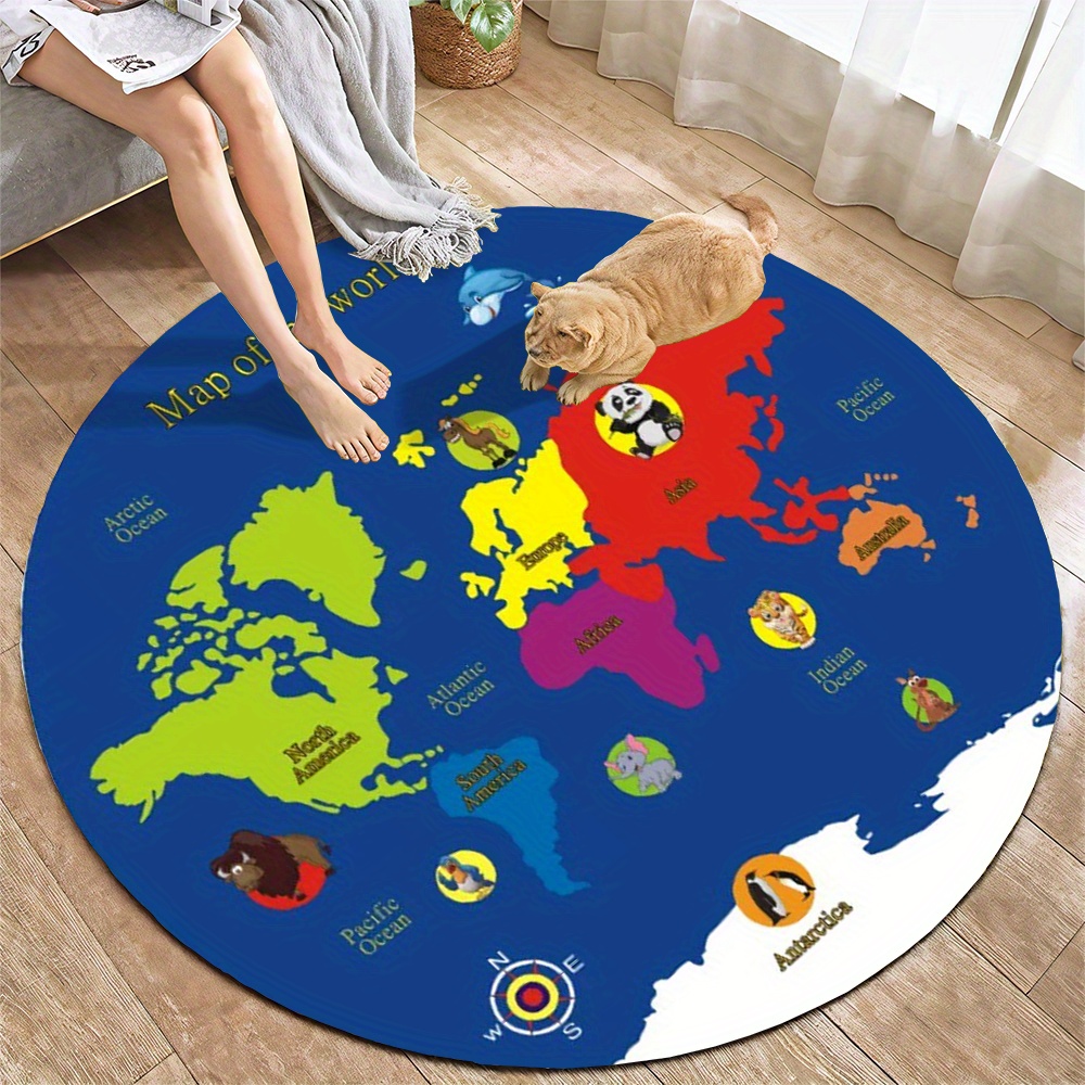 Kids Education Room - Weltkarten-Rundteppich aus Flanell, Lehrreiche Kinderzimmerdekoration, Spielmatte,